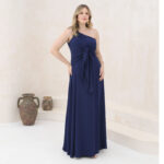 Vestido Kinley Um Ombro, Laço Frontal, Crepe Ggt e Saia Roda - Marinho