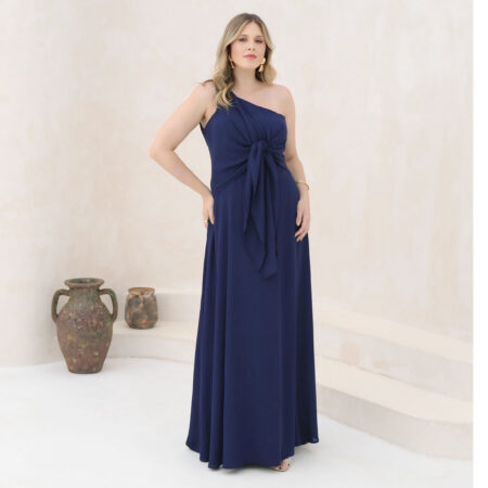 Vestido Kinley Um Ombro, Laço Frontal, Crepe Ggt e Saia Roda - Marinho