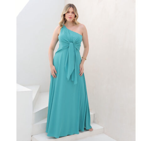 Vestido Kinley Um Ombro, Laço Frontal, Crepe Ggt e Saia Roda - Verde