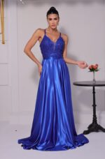 Vestido Athens Bordado, Alça Cruzada e Saia Cetim Rodada - Royal