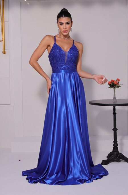 Vestido Athens Bordado, Alça Cruzada e Saia Cetim Rodada - Royal