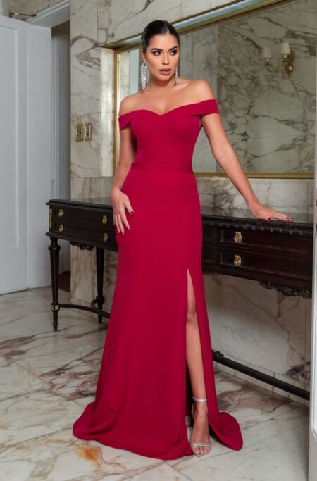 Vestido Michely Alfaitaria Ombro A Ombro Saia Fenda - Vermelho