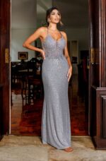 Vestido Brunett Paete Saia Sereia, Costas Trançadas e Busto Aplicado - Prata