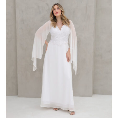 Vestido Regina Noiva Chiffon Busto Bordado Perola, Capa e Saia Rodada - Branco