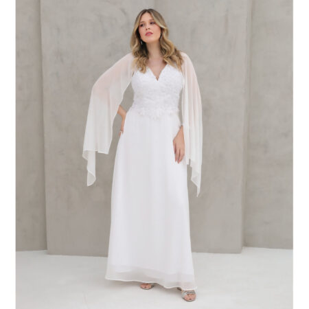 Vestido Regina Noiva Chiffon Busto Bordado Perola, Capa e Saia Rodada - Branco
