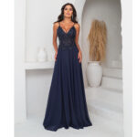 Vestido Reyna Bordado com Alça e Saia Rodada Chiffon - Marinho