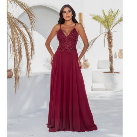 Vestido Reyna Bordado com Alça e Saia Rodada Chiffon - Marsala