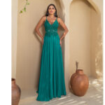 Vestido Reyna Bordado com Alça e Saia Rodada Chiffon - Verde Esmeralda