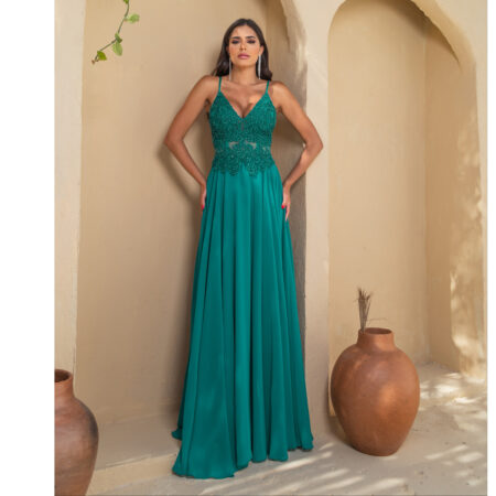 Vestido Reyna Bordado com Alça e Saia Rodada Chiffon - Verde Esmeralda