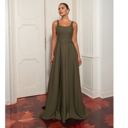 Vestido Ailani Alfaiataria, Pala Bordada e Saia Rodada - Oliva