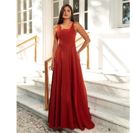 Vestido Ailani Alfaiataria, Pala Bordada e Saia Rodada - Terra Cota