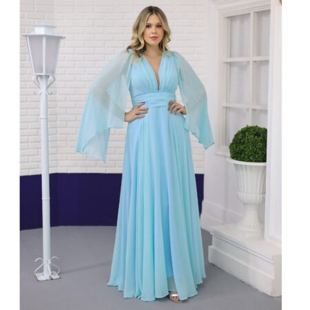 Vestido Tori Chiffon Capa, Busto Franzido e Saia Rodada - Azul Ceu