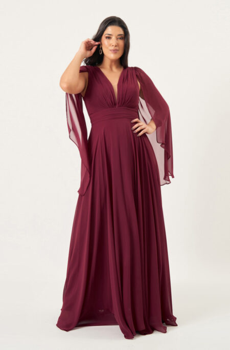 Vestido Tori Chiffon Capa, Busto Franzido e Saia Rodada - Marsala
