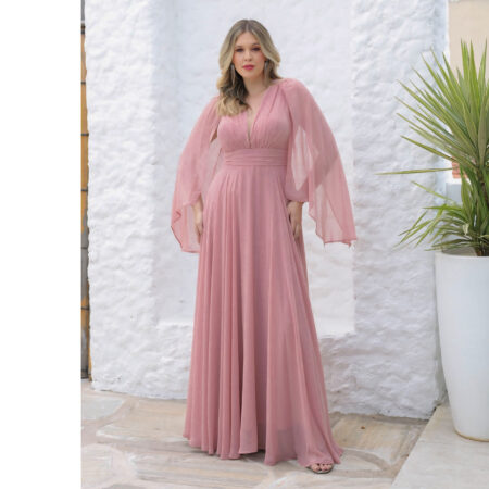 Vestido Tori Chiffon Capa, Busto Franzido e Saia Rodada - Rose