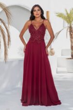 Vestido Reyna Bordado com Alça e Saia Rodada Chiffon - Marsala