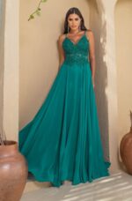 Vestido Reyna Bordado com Alça e Saia Rodada Chiffon - Verde Esmeralda