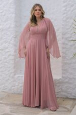 Vestido Tori Chiffon Capa, Busto Franzido e Saia Rodada - Rose