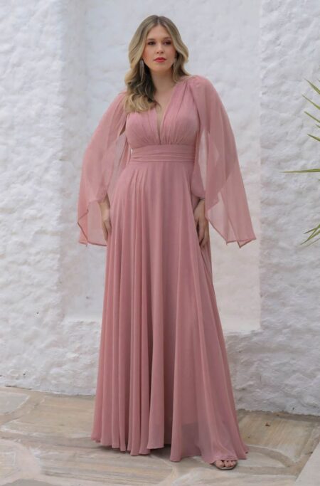 Vestido Tori Chiffon Capa, Busto Franzido e Saia Rodada - Rose