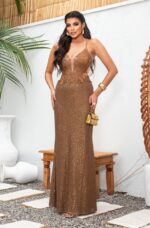 Vestido Rose Paete Saia Sereia, Costas Trançadas e Busto Aplicado - Bronze