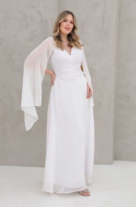 Vestido Regina Noiva Chiffon Busto Bordado Perola, Capa e Saia Rodada - Branco