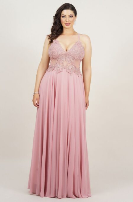 Vestido Irlanda Bordado com Alça e Saia Rodada Chiffon - Rose