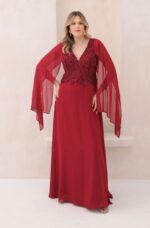 Vestido Teagan Chiffon Busto Bordado, Capa e Saia Rodada - Marsala