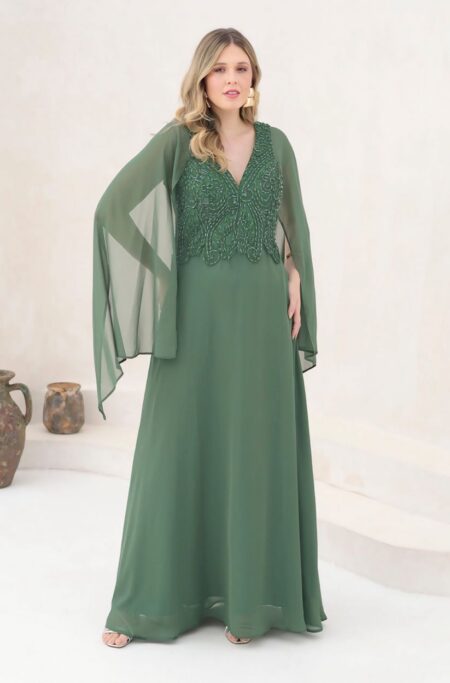 Vestido Teagan Chiffon Busto Bordado, Capa e Saia Rodada - Oliva