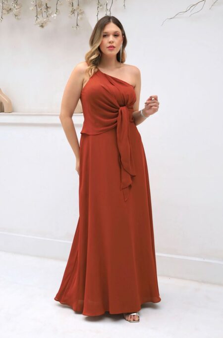 Vestido Kinley Um Ombro, Laço Frontal, Crepe Ggt e Saia Roda - Terra Cota