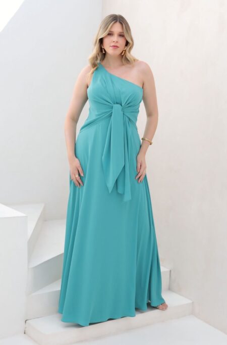 Vestido Kinley Um Ombro, Laço Frontal, Crepe Ggt e Saia Roda - Verde