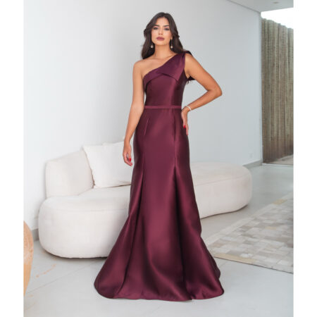 Vestido Myra Zibelline Um Ombro, Pala Frontal Detalhe Laço e Saia Sereia - Bordo