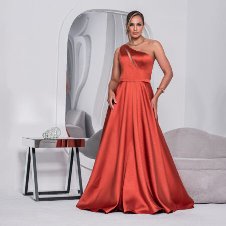 Vestido Alette Zibeline Um Ombro e Saia Rodada - Terracota