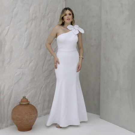 Vestido Elyser Noiva Alfaiataria Um Ombro, Detalhe Flor e Saia Sereia - Branco