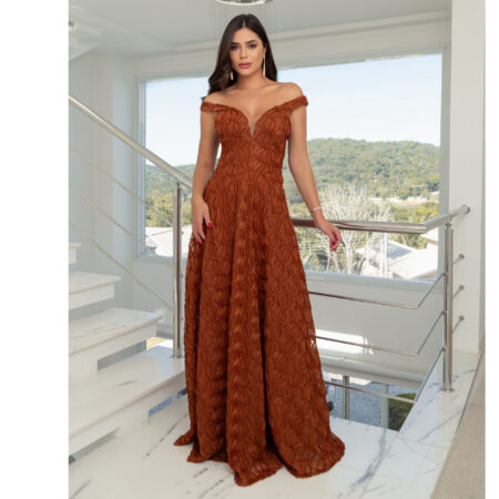 Vestido Mercy Lurex ombro a ombro e saia rodada - Terra Cota