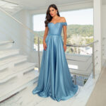 Vestido Bailey Cetim Ombro A Ombro, Pala Bordada e Saia Roda - Azul Ceu