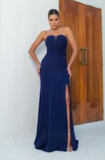 Vestido Mae Alfaiataria Busto Prega e Saia Fenda - Marinho