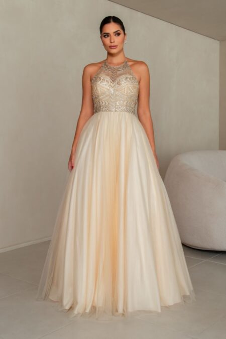 Vestido Mackenzie Importado Busto Bordado Prateado e Saia de - Dourado