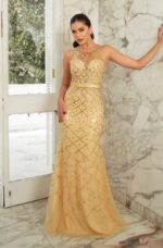 Vestido Olive Importado Bordado, Cinto e Saia Sereia - Dourado