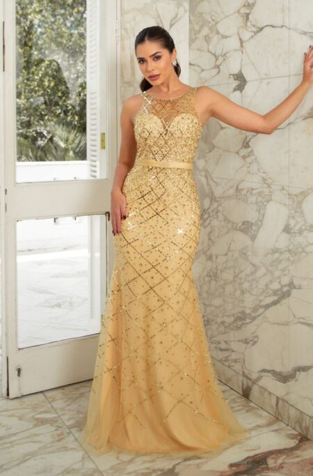 Vestido Olive Importado Bordado, Cinto e Saia Sereia - Dourado