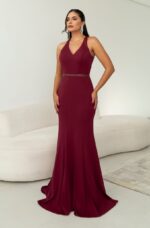 Vestido Jaqueline Importado, Cintura Bordada e Tecido Alfaia - Bordo