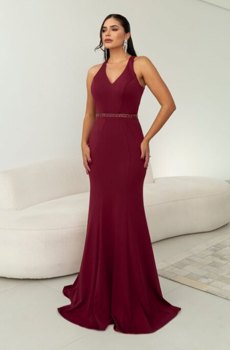 Vestido Jaqueline Importado, Cintura Bordada e Tecido Alfaia - Bordo