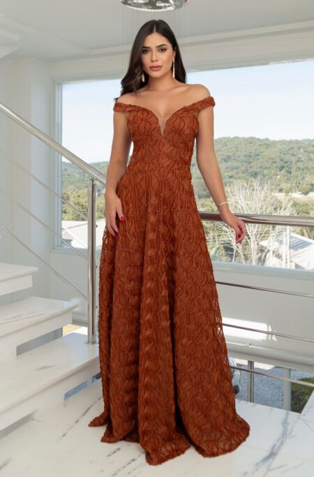 Vestido Mercy Lurex ombro a ombro e saia rodada - Terra Cota