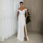 Vestido Seren Noiva Alfaiataria Busto Bordada Ombro A Ombro e Saia Fenda - Off White