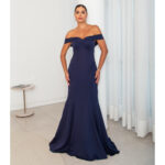 Vestido Aurelia Alfaiataria Ombro A Ombro, Detalhe Vies Na Saia Sereia - Marinho