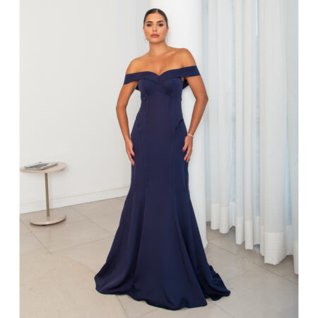 Vestido Aurelia Alfaiataria Ombro A Ombro, Detalhe Vies Na Saia Sereia - Marinho