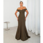 Vestido Aurelia Alfaiataria Ombro A Ombro, Detalhe Vies Na Saia Sereia - Oliva