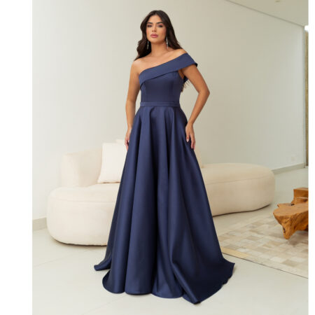 Vestido Lilith Zibeline Um Ombro e Saia Rodada - Marinho