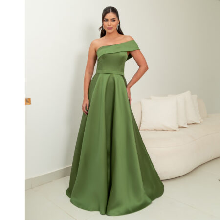 Vestido Lilith Zibeline Um Ombro e Saia Rodada - Oliva