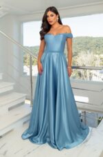 Vestido Bailey Cetim Ombro A Ombro, Pala Bordada e Saia Roda - Azul Ceu