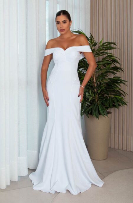 Vestido Aurelia Noiva Alfaiataria Ombro A Ombro Detalhe Vies e Saia Sereia - Branco