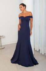 Vestido Aurelia Alfaiataria Ombro A Ombro, Detalhe Vies Na Saia Sereia - Marinho